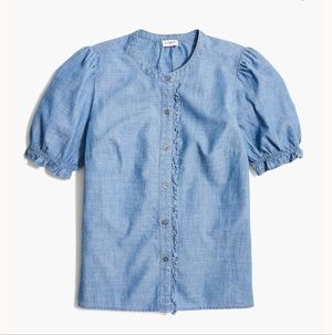 J. Crew New Chambray Puff Sleeve Ruffle Top Button-Up Blouse Size Small
